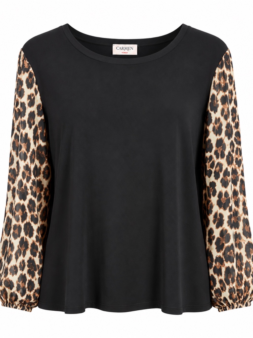Carmen Woman Black Leopard Print Sheer Sleeve Blouse Top Plus Size 2X